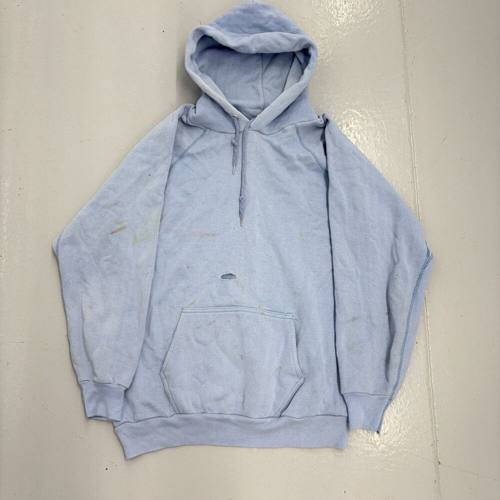 Vintage 60s 70s Light Blue Cotton Blank Distressed Hoodie